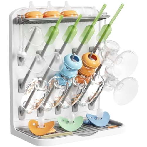 Large Baby Bottle Drying Rack, 15 Hooks Vertical Rack Dryer with Removable Pacifiers Box, Drip Tray, Space Saving Countertop Holder Organizer for Weighted Straws, Pump Parts