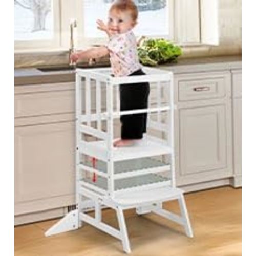 COSYLAND Kids Kitchen Step Stool, Height Adjustable Toddler Standing Tower Nursery Helper with CPC & FSC Certification, Removable Safety Railing Enjoys Exclusive Paten，White