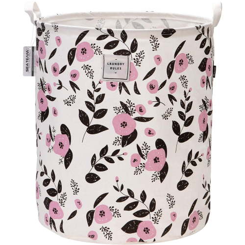 Sea Team 19.7 x 15.7 Inches Large Sized Folding Cylindric Canvas Fabric Laundry Hamper Storage Basket with Floral Pattern, Pink & Black