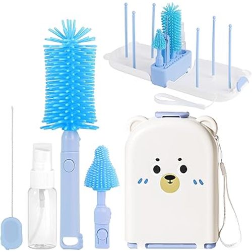 Travel Baby Bottle Cleaning Kit, Including Pacifier Cleaner and Straw Brush, Detachable Head for Easy Cleaning, Baby Travel Essential