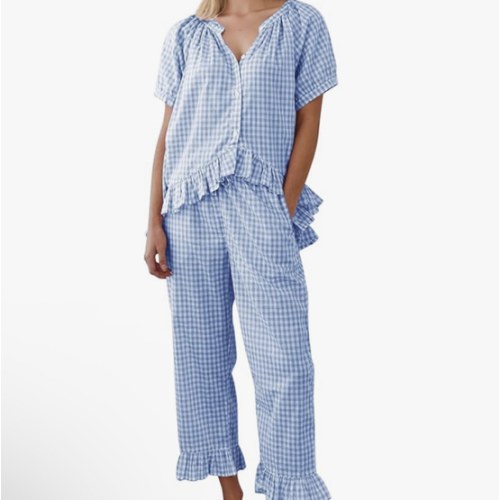 COZYPOIN Womens Gingham Pajama Set 2 Piece Plaid Cotton Pjs Cute Ruffle Sleepwear Maternity Bridesmaid Pajamas Loungewear
