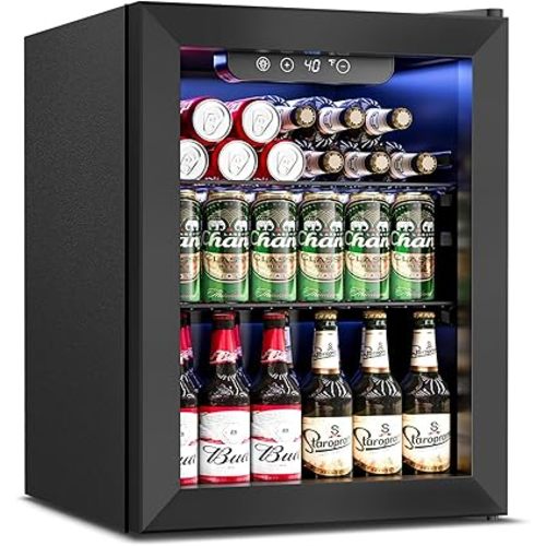 Beverage Refrigerator Cooler - 16 Bottle 68 Can Mini Fridge with Glass Door, Soda Wine Beer Drink Fridge - Small Refrigerator for Office Home Bedroom Dorm Bar, 1.7 Cu.Ft, Black