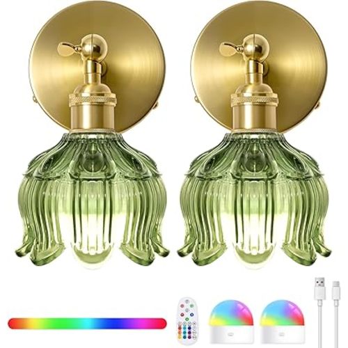 Vintage Battery Operated Wall Sconces - 5000mAh Rechargeable Dimmable Wireless Lights with Remote Control - Set of 2 Green Flower Glass Powered Light Sconce - Cordless Mounted Lighting for Bedroom