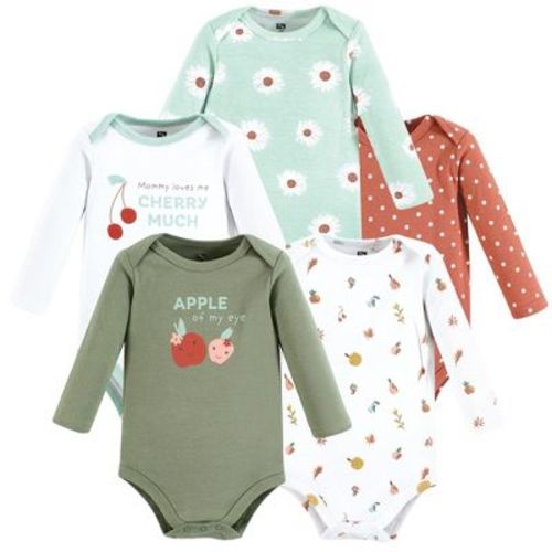 Hudson Baby Infant Girls Cotton Long-Sleeve Bodysuits 5-Pack, Green Apple, 0-3 Months