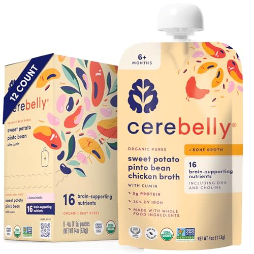Cerebelly Organic Baby Food Pouches, Sweet Potato Pinto Bean with Chicken Bone Broth, 16 Nutrients, Protein & Healthy Fats, 4oz, 12 Pack