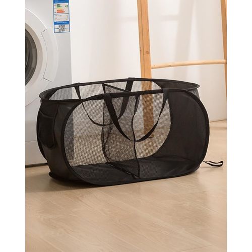 Collapsible Laundry Basket Foldable Pop-Up Mesh Hamper with Compartments and Handles Breathable Clothes Organizer Two Grids Black BLC733-02