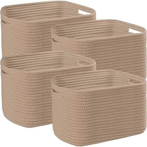 4 Pack Storage Baskets for Organizing, 12''Lx9''Wx8''H Woven Baskets for Storage Toys, Towels, Books, and Clothes, Cotton Rope Basket for Shelves with Handle White & Brown