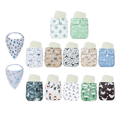 12 KaWaii Baby One Size Printed Snap Pocket Cloth Diapers with 12 Premium Bamboo Inserts & 2 Bibs - Walmart.ca