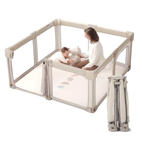 Baby Playpen Portable, Pre-Assembled Play Pen 59x59 Large Foldable Playpen for Babies and Toddlers, Sturdy and Safe Toddler Play Yard Indoor Outdoor with Carry Bag,Khaki