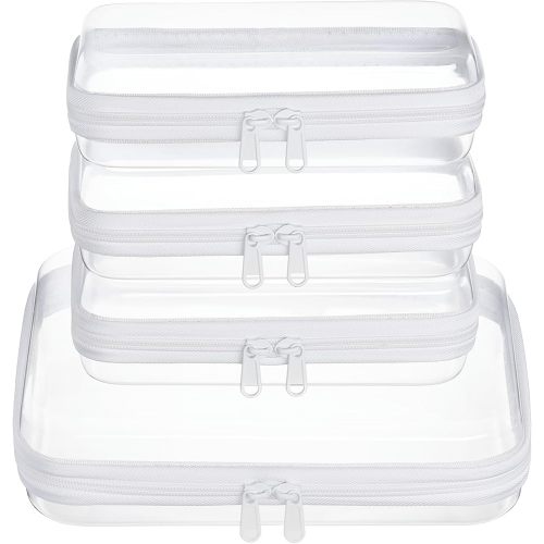 WELPIRT 4 pcs Clear Zipper Pouches,Hard Shell Zipper Case, Toiletry Bag for Travel, CLear Diaper Bag, Toiletry Pouch, Travel Organizer, Cosmetic Bag,Toy Storage Bins (M+3S)