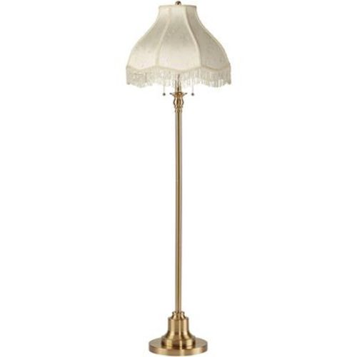 360 Lighting Dyna Traditional 58" Tall 2-Light Standing Floor Lamp Skinny Pole Pull Chain Gold Antique Brass Finish Living Room Cream Scalloped Shade