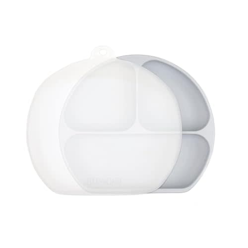 Bumkins Toddler and Baby Suction Plate, Silicone Divided Grip Dish and Lid, Babies and Kids, Baby Led Weaning, Children Feeding Supplies, Non Skid Bottom, Platinum Silicone, Ages 6 Months Up, Gray