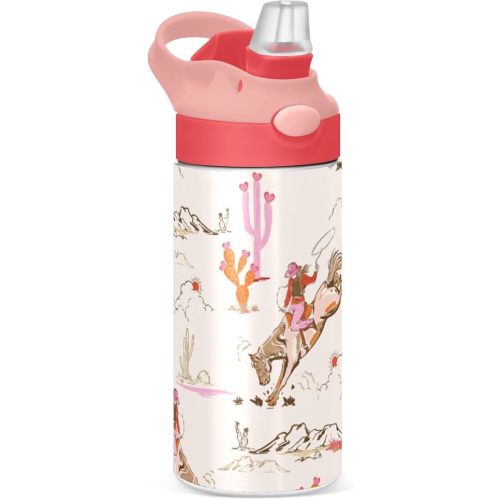 Cute Rodeo Cowgirl Kids Water Bottle, Insulated Stainless Steel Water Bottles with Straw Lid, 12 oz BPA-Free Leakproof Duck Mouth Tumbler for Boys Girls