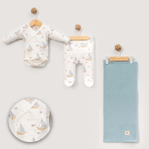 Baby Nautical 3-Piece Set | Kimono Bodysuit, Footed Pants & Muslin Swaddle Blanket