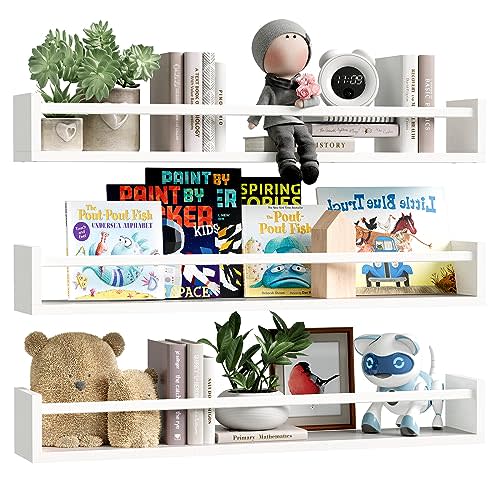 Fixwal Floating Nursery Book Shelves for Wall, 23.6in, Set of 3, White | Solid wood shelves store kids' books, toys and clothing. Fits kids' room, playroom, nursery, living room, bedroom & bathroom.
