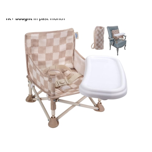 Tiny Marvels Portable 3-in-1 Baby Chair, Cozy Booster Seat, Baby Seat with Tray, Compact Foldable, Toddler Chair with Child Safety Belt Carry Bag, Perfect for Travel (Sand Checker)