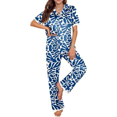 Ekouaer Womens Silk Satin Pajamas Set Button Down 2 Piece Pjs Short Sleeve Long Pants Sleepwear Lounge Set, S-XXL