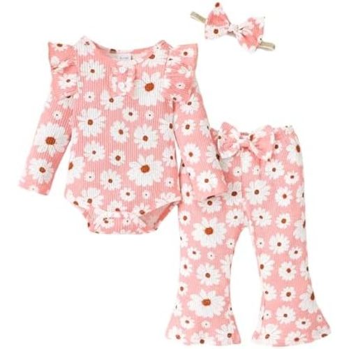 Infant Baby Girls Outfit Cute Ruffle Sleeve Ribbed Knit Romper Bodysuit and Flare Pants Clothes Set 3 Piece