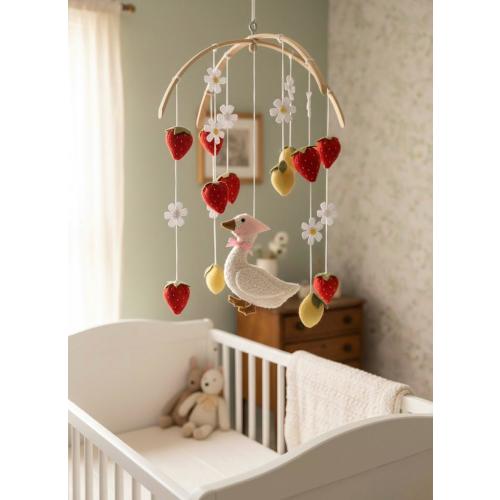 Goose Baby Mobile with Strawberries Daisy and Lemons, Felt Fruit Nursery Decor