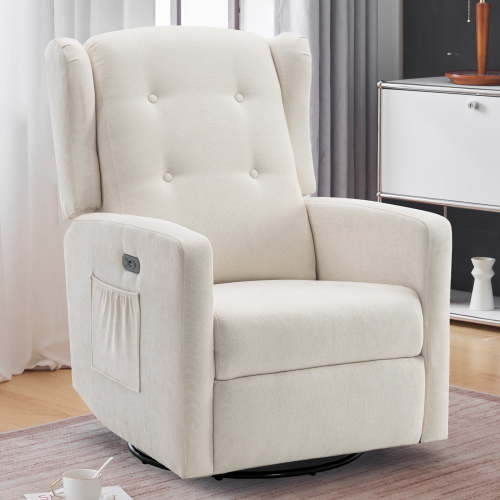 Power Swivel Rocking Recliner Chair, Electric Rocker Nursery Glider Chair, USB and Type-C Ports, Upholstered Fabric Reclining Single Sofa Chair for Living Room (Beige)