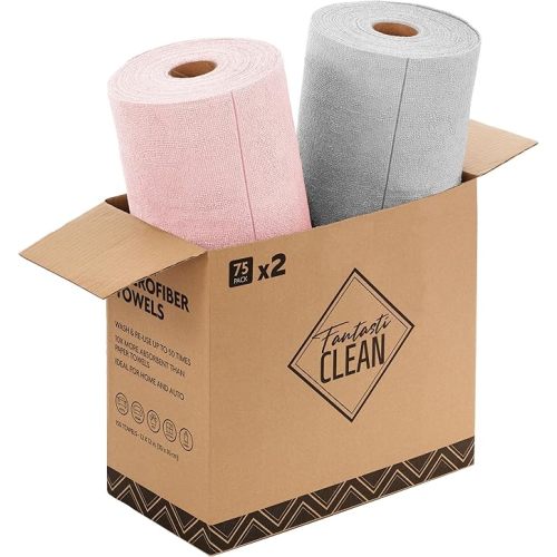 Fantasticlean Microfiber Cleaning Cloth Roll -150 Pack, Tear Away Microfiber Towels, 12" x 12", Reusable, Washable, Ultra Absorbent Dishcloth for All-Around Cleaning Supplies (Pink & Grey)