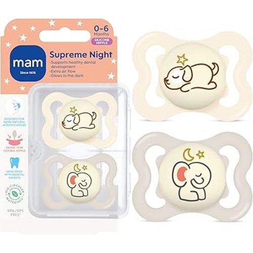 MAM Supreme Baby Pacifier, Newborns 0-6 Months, Developed with Orthodontists, Extra Air Flow for Sensitive Skin, Glows in The Dark, BPA-Free Silicone, Sterilizer Case, Pack of 2, Made in Europe
