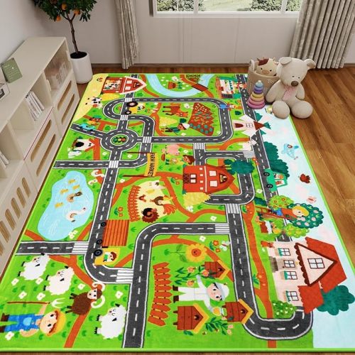 Kids Rug Play Mat for Toy Cars, 59"×78.7" Farm Life Road Traffic for Playroom Kids Car Road Rugs Village Map Play Mat Non-Slip Washable Play Rug for Toddler Room Family Tummy Time Playtime