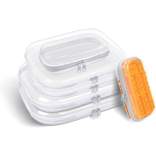 Clear Hard Plastic Zipper Case,Transparent Double Zippers Hard Pouch with 6pcs,Portable Travel Organizer Bin for Toy Storage