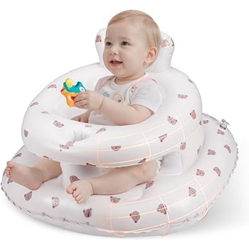 Inflatable Baby Seat for Babies 3-36 Months, Aloxina Sit Me Up Floor Chair with Built-in Air Pump, Squeaky Ears & Full Surround Design, Infant Support Seat for Sitting & Feeding (Bear)