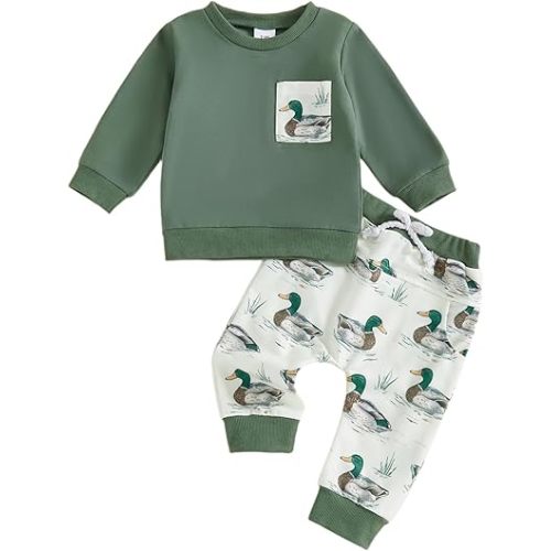 SAYOO Kids Baby Boys Duck Hunter Clothes Mallard Duck Sweatshirt Pullover Solid Color Pant 2Pcs Toddler Hunting Baby Outfit
