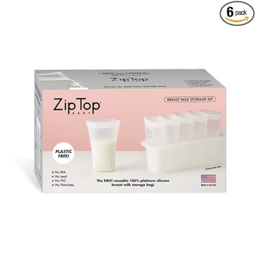 Zip Top Reusable 100% Platinum Silicone Breast Milk Storage, Made in the USA - Bag Set of 6 + Freezer Tray