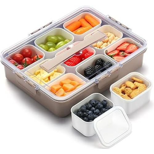 Snackle Box Container for Adults with 9 Compartment, Divided Serving Tray Snack Box Containers with Lid and Handle, Charcuterie Boxes Portable Snack Platter for Fruit Veggie Party Travel, Brown