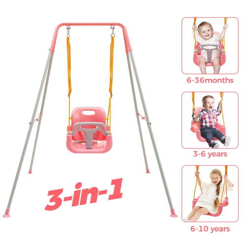 FUNLIO 3-in-1 Toddler Swing Set, Foldable Metal Stand, Indoor/Outdoor, 4 Sandbags