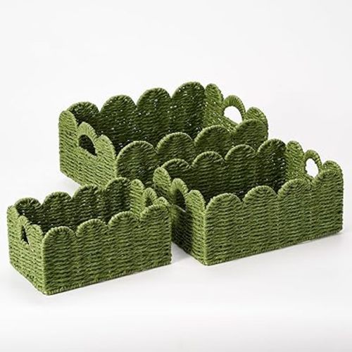 Scalloped Wicker Baskets, Set of 3 Hand-Woven Storage Baskets with Handles - Paper Rope Shelf Organizers & Decorative Baskets for Shelves, Closet, Bathroom (Green）