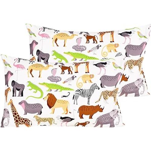 Jungle Animals Leopard Ostrich Crocodile Snake Cute Cartoon 2 Pcs Pillowcase Standard 100% Natural Cotton 20" X 30" for Kids Toddler Boys Girls Bedding Decoration