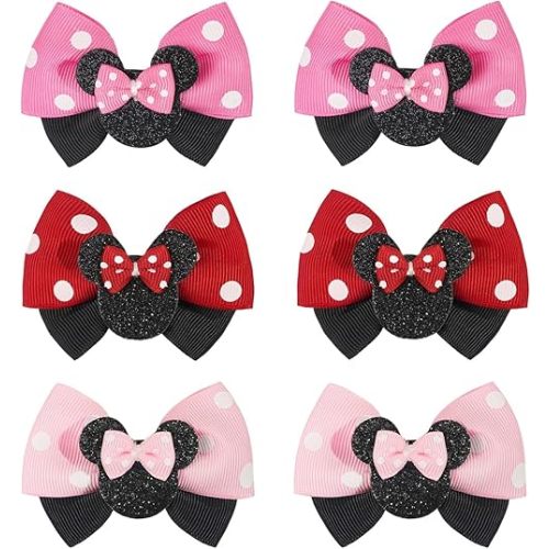 6PCS Mouse Ears Hair Clips for Toddler Girls 3 Inch Hair Bows for Baby Girls Birthday Party Costume