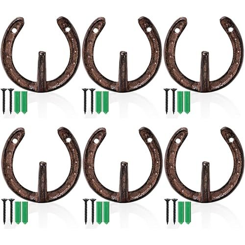 6 Pack Cast Iron Wall Hooks, Vintage Heavy Duty Wall Mounted Horseshoe Hanger, Multiuse Coat Hook Farmhouse Decor for Hanging Hat Key Towel Bag