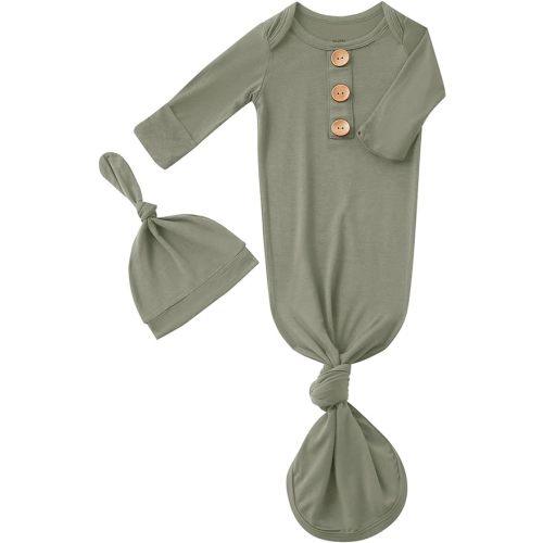 Newborn Baby Boys Girls Knotted Gown Hat Set Soft Bamboo Viscose Infant Sleeper Baby Sleep Gown with Mittens