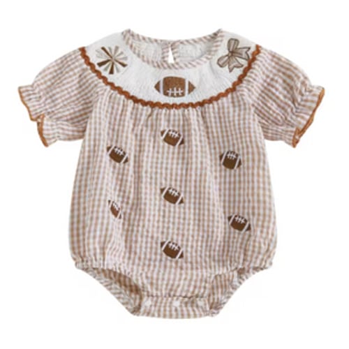Smocked Romper | Football Gingham - PREORDER – BayBay Boutique