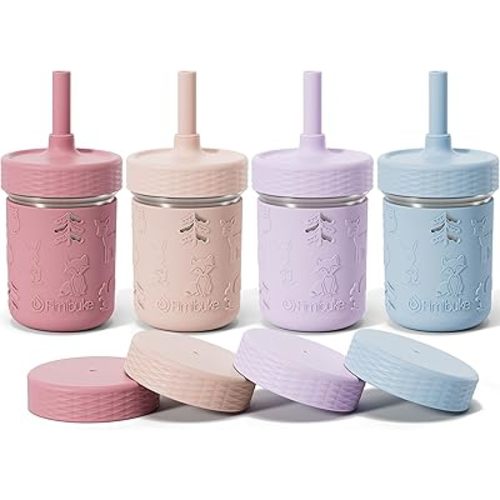 Fimibuke Toddler Cups Spill Proof, 8 OZ Sippy Cups for Kids Girl Boy, Leak Proof Stainless Steel Tumbler with Lid, Silicone Straw & Sleeve, BPA Free Dishwasher Safe Water Bottle Snack Container 4 Pack