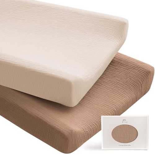 Konssy 2 Pack Muslin Changing Pad Covers for Boys, Ultra Soft & Breathable Cotton Baby Diaper Changing Table Covers, Neutral Nursery Diaper Changing Pad Sheets (Brown,Cream)
