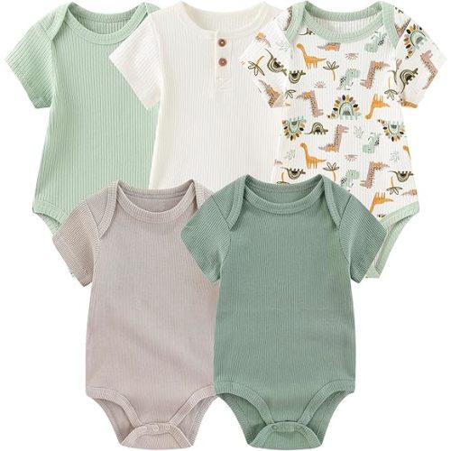 MAMIMAKA Newborn Baby Short Sleeve Bodysuit Cotton One-Piece Baby Clothes 5-Pack, 0-12 Months