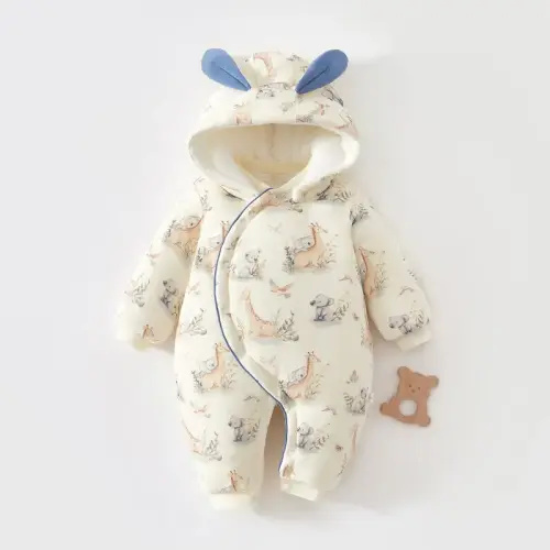 Baby Animal Fleece Lined Quilted Hooded Romper 6-9M