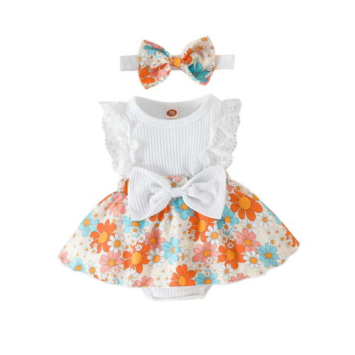 Atogsazn Baby Girl Clothes Newborn Romper Dress Infant Lace Ruffle Sleeveless Summer Outfits with Headband White 6-9 Months Fashion