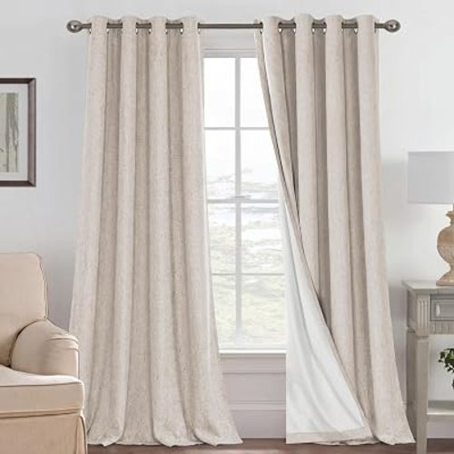 H.VERSAILTEX Blackout Curtains Linen Curtains 120 inches Long 100% Black Out Curtains for Bedroom Windows, Textured Linen Look Draperies Grommet with White Liner, 2 Panels, Natural