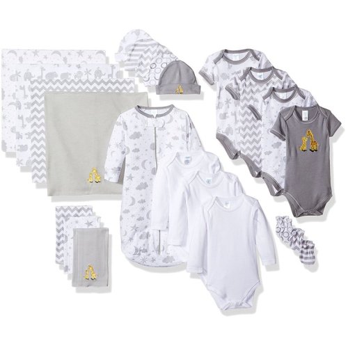 Spasilk Baby 23 Piece Essential Basics Layette Clothing Set for Newborns and Infants, Gift Baskets and Showers, Gray Giraffe and Stars
