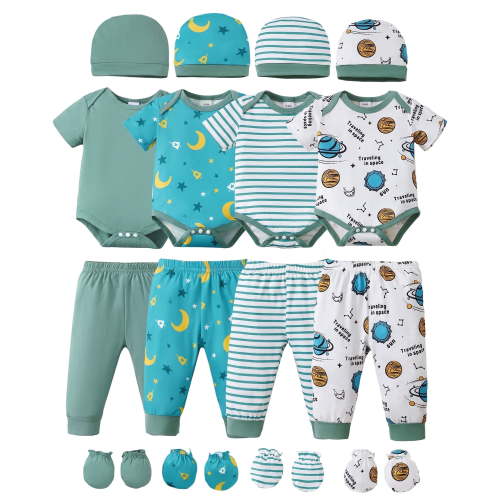 KIMI BEAR Newborn Baby Boys Layette Essentials Romper Pants Gift Sets 4 Packs Short Sleeves Bodysuit Tops Pants Set with Hats and Gloves 16pcs Outfits Green NB