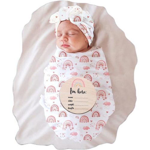 Ylsteed Baby Swaddle Blanket and Headband Set, Newborn Receiving Blanket Swaddle Wrap for Girls and Boys, Swaddling Blankets Neutral for Newborn，Soft and Skin-Friendly 32 * 32 inches (Rainbow)