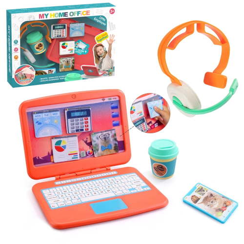 Pretend Play Toys, Kids Work Toys from Home Office, Pretend Work Station Set with Fake Laptop,4 Velcro App Stickers,Toy Cell Phones,Headset & Coffee Cup, Work Simulation Office Play for KIds Ages 3+