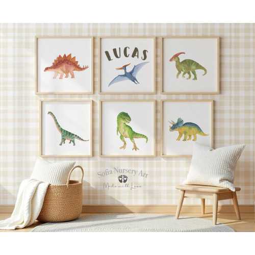 Dinosaur Watercolor Prints, Set of 6, Nursery Wall Art, Kids Room Decor